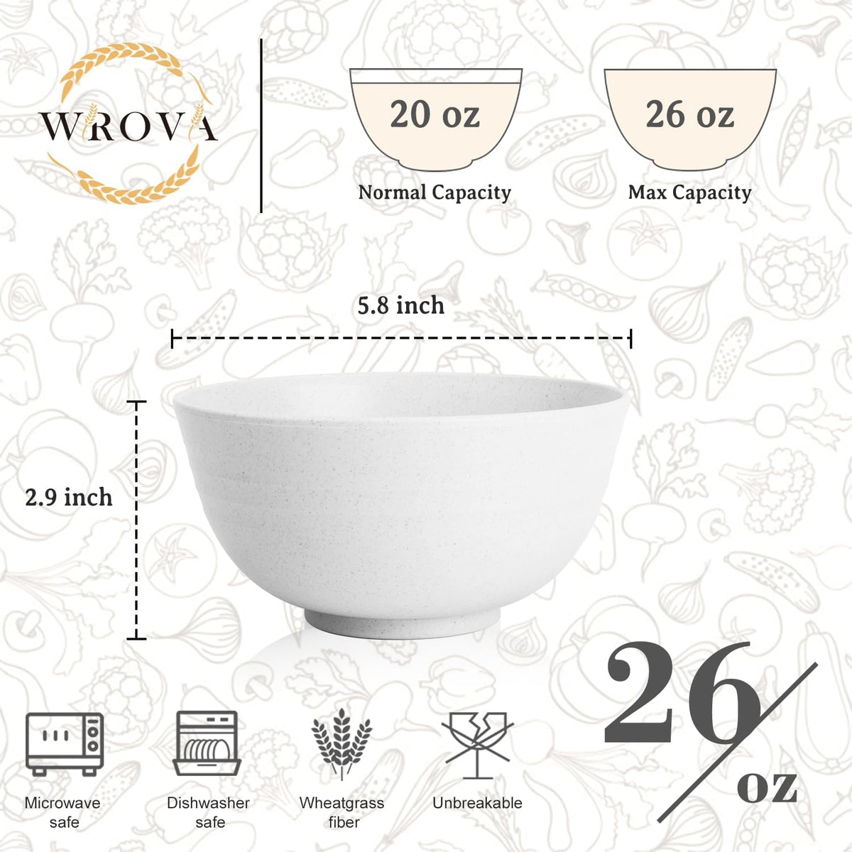 Wheat Straw Camping Bowls Sets of 6,Unbreakable 26oz Lightweight Bowls Sets for Outdoors Activity,Breakfast Bowls for Cereal and Salad.White Series