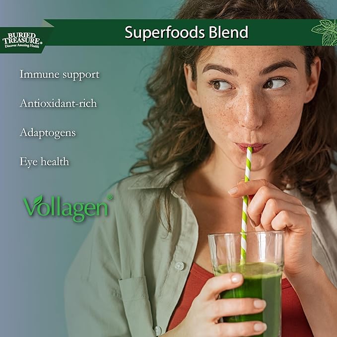Buried Treasure Green20 Fusion – Superfood Blend with Vollagen for Skin, Hair, and Joint Support, Plant-Based, Vegan, Non-GMO Gluten-Free, Dairy-Free, Soy-Free, 32oz Liquid