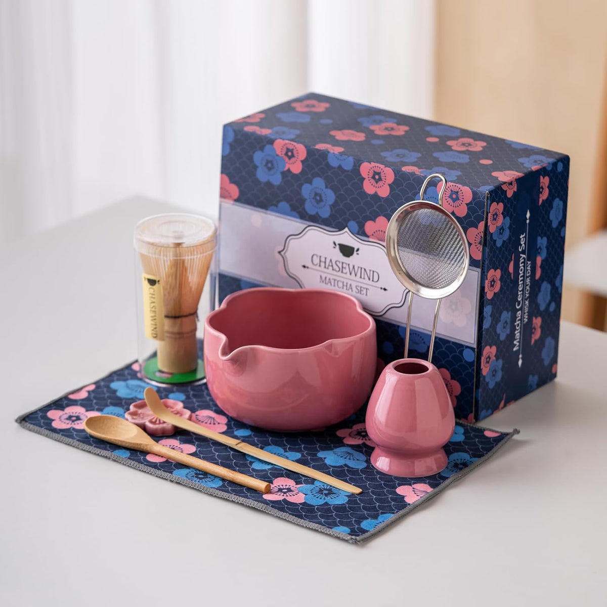 Matcha Set, 8Pcs Floral Ceramic Matcha Set with Matcha Whisk, Holder, Scoop, Scoop Rest, Sifter, Spoon and Tea Towel - Thoughtful Matcha Whisk Set Gift for Matcha Lovers (Pink)