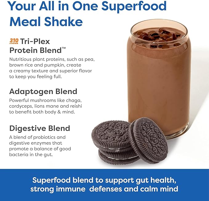310 Nutrition All-In-One Meal Replacement Shake Powder - Plant-Based Protein Smoothie Blend w/High Fiber, Probiotics & Adaptogens - Low Carb, Vegan, Keto & Paleo Friendly - Cookies N Cream - 14 Srv