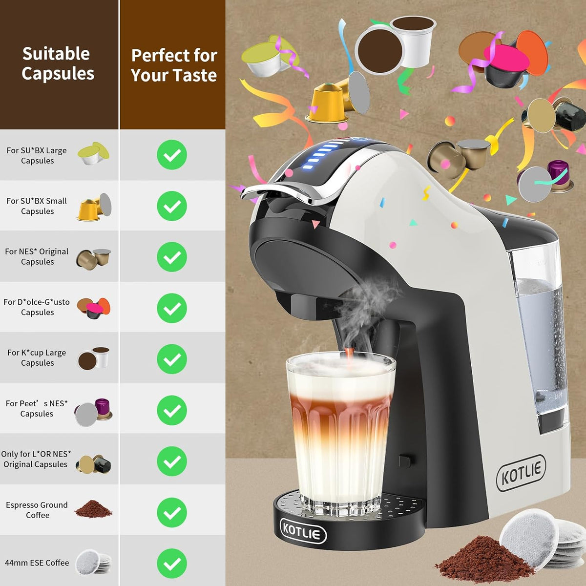 KOTLIE Hot&Cold brewing Single Serve Coffee Maker for K*eurig K*cup, Small Espresso Coffee Machine for D*olce G*usto/N*es Original/Ground Coffee/44mm ESE,Adjustable TEMP&Water Volume, 1L Water Tank