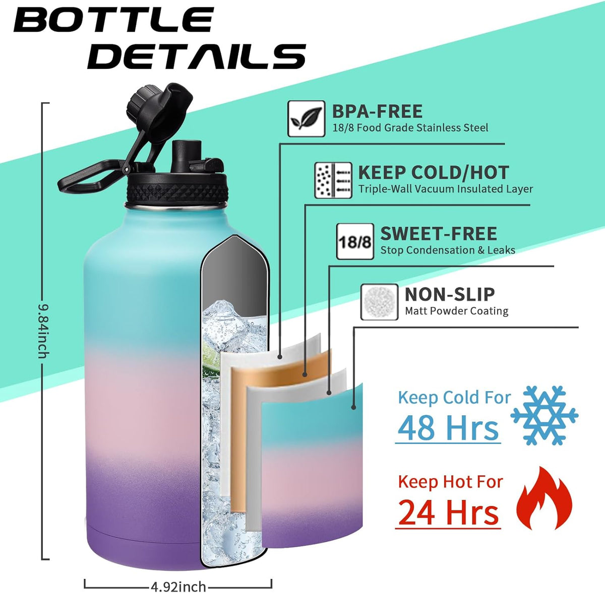64OZ Insulated Water-Bottle with Paracord-Handle - Half Gallon Water Bottle Jug with Straw & Spout Lids, Bottle Sleeve & Boot, Keep Cold-48h Hot-24h for Fitness Camping Hunting, Hiking