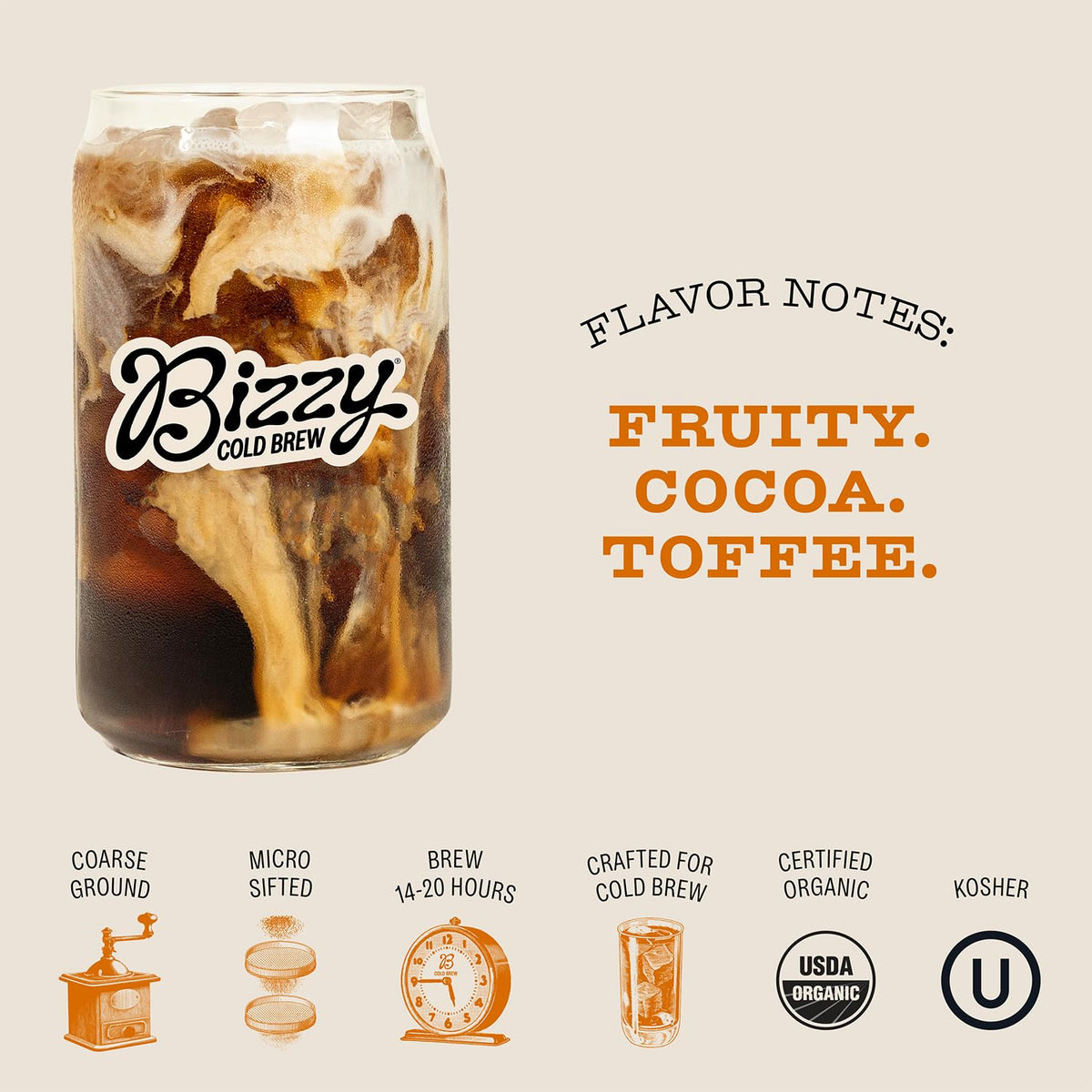 Bizzy Organic Cold Brew Coffee | Breakfast Blend | Coarse Ground Coffee | Medium-Light Roast | Micro Sifted | Specialty Grade | 100% Arabica | 1 LB