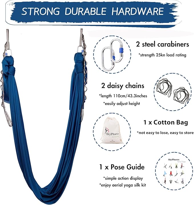 5.5 Yards Aerial Silks Yoga Swing Set - Aerial Yoga Hammock Kit Anti-Gravity Flying for Fitness, Low/Non Stretch Nylon Tricot Fabric Hardware Included for Dance