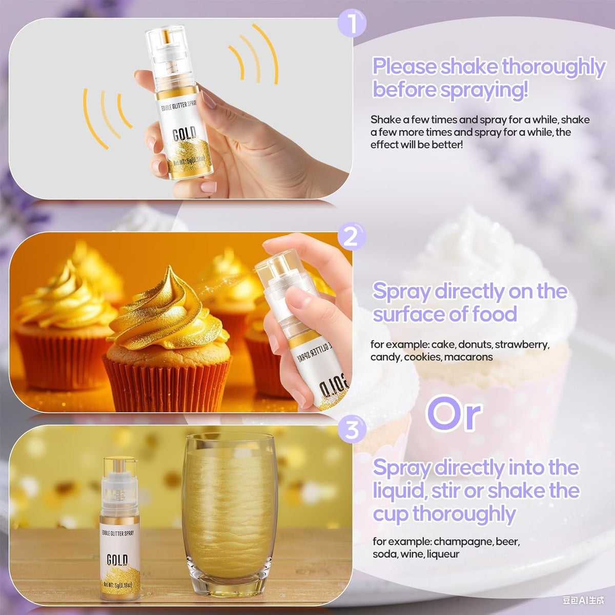 Edible Glitter Spray,Iridescent Gold & Iridescent Violet 2 Colors Food Grade Edible Glitter Set for Drink Cake Beverages,Cupcakes,Cake Pops and Cookies Decorating