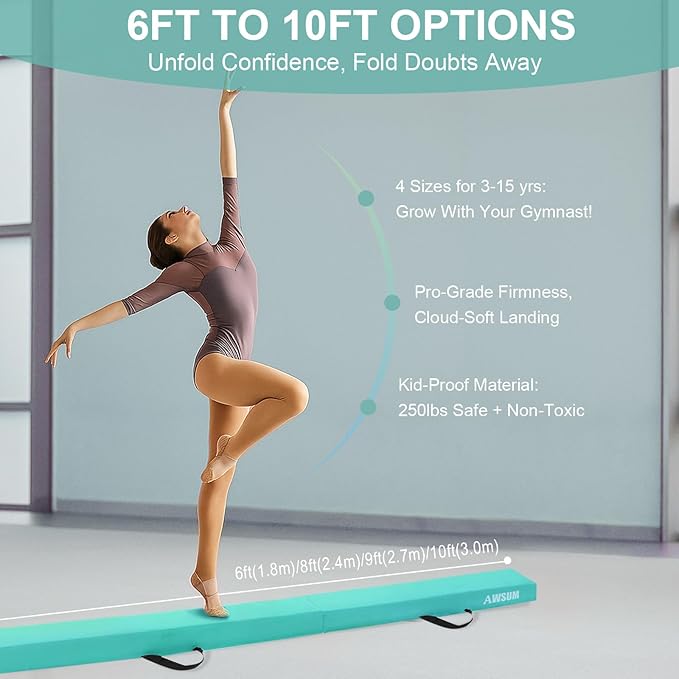 AWSUM Foldable Balance Beam for Kids, 6ft/8ft/9ft/10ft Anti-Slip Gymnastics Equipment, Suede Cover, Toddler to Teen, for Home Training School