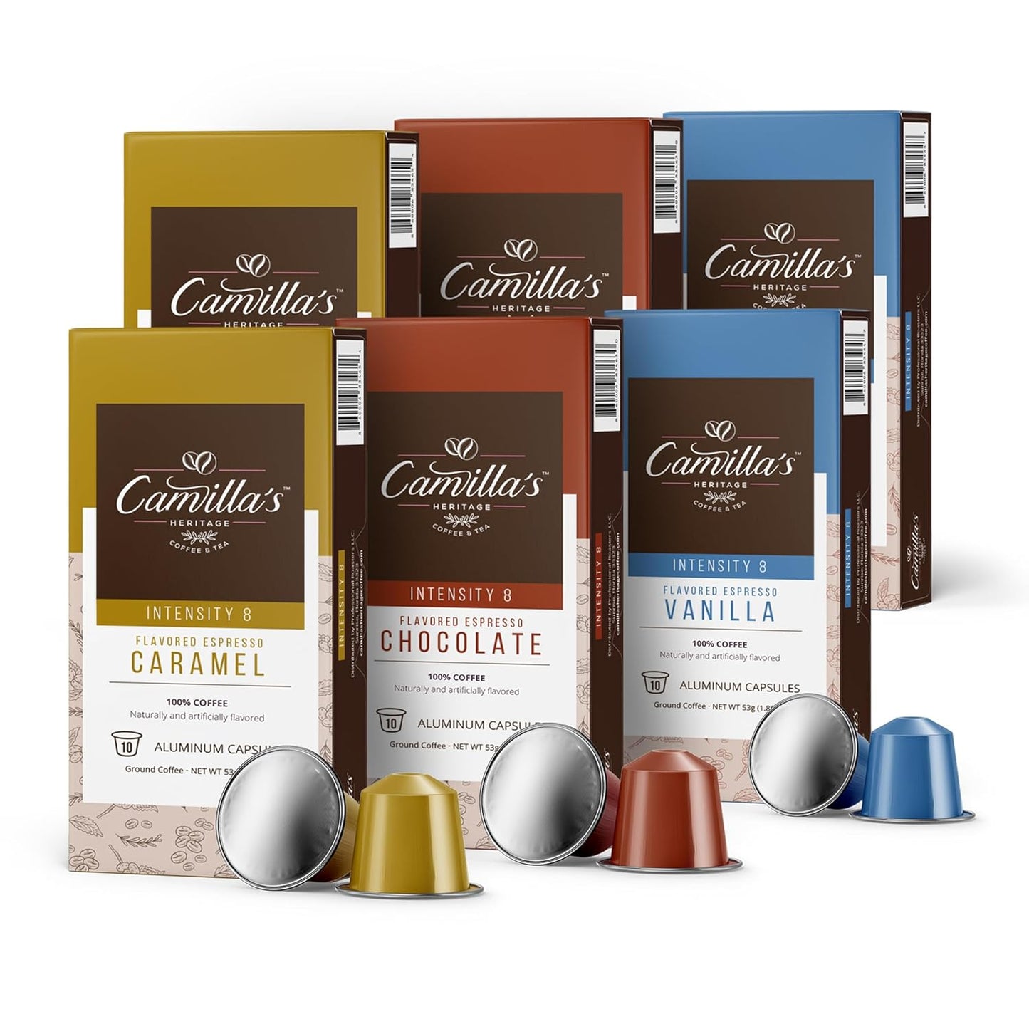 Camilla’s Heritage - Intensity 8 Flavored Espresso Coffee Variety Pack (Gourmet Chocolate, Vanilla & Caramel Espresso Cups) 60 Coffee Pods