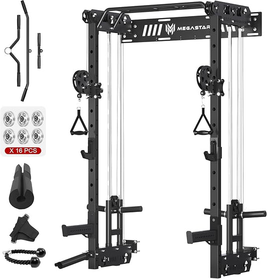 Wall Mounted Power Rack – 1600LB Capacity Compact Commercial Home Gym with Dual Cable Crossover, LAT Pulldown, Multi-Grip Pull-Up Bar & Landmine Attachment for Small Spaces, P67 Striker Red