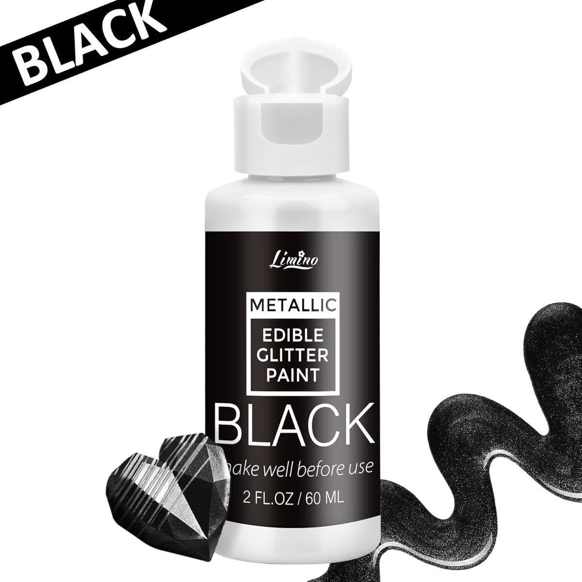Edible Glitter Paint - 2 fl.oz Food Grade Metallic Glitter Cake Paint for Cake Decorating, Baking, Cupcakes - Shimmer Art Decorative Liquid Edible Paint Food Coloring for Fondant, Donuts (Black)