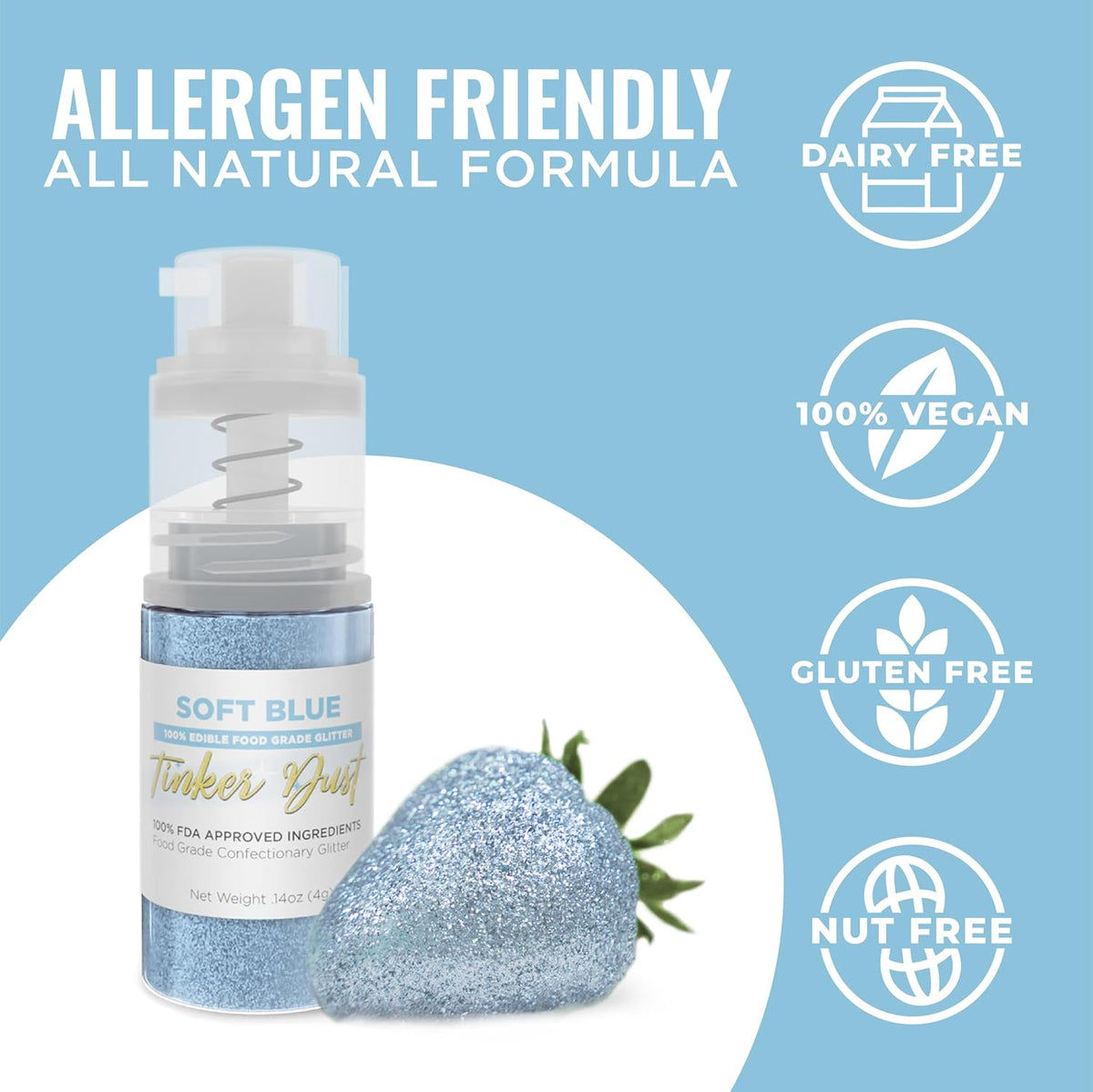 Bakell - Soft Blue Tinker Dust (4g, 1x Mini Spray Pump) Edible Glitter for Food, Desserts, and Beverages!
