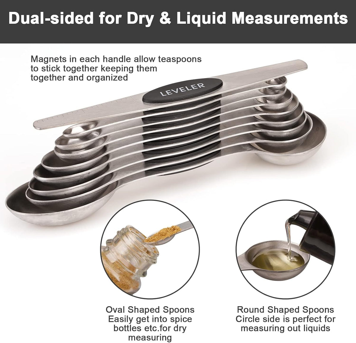 Aovchei 9 PCS Magnetic Measuring Spoons Set, Dual Sided, Stainless Steel Small Tablespoon, Teaspoons, Fits in Spice Jars, for Dry and Liquid, Black