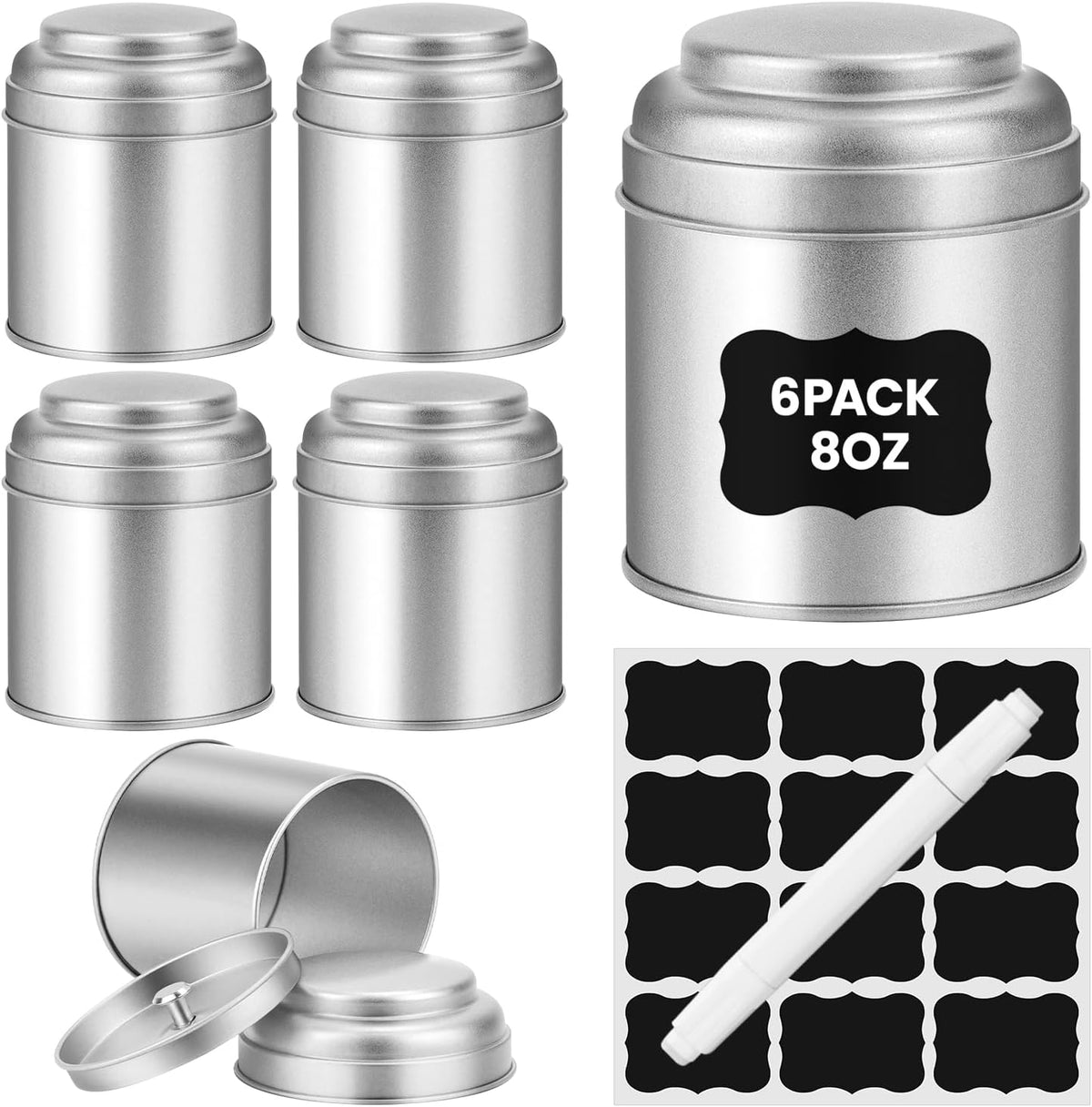 Tea Tin with Airtight Double Lids for Loose Leaf Tea Storage, 8 Oz Kitchen Small Tin Can and Tea Canister for Tea Coffee Sugar Candy Spices Christmas Gift(6 PACK)