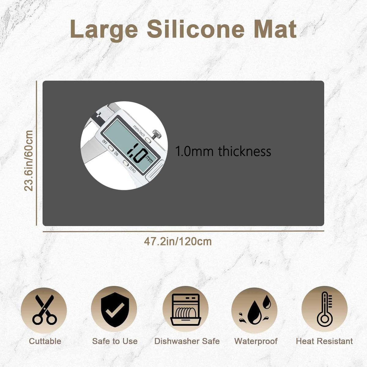 47.2"x23.6"(120cmx60cm) Large Silicone Mat for Kitchen Counter, Non-Slip Heat Resistant Countertop Protector, Waterproof Multipurpose Mat for Kitchen Island, Dark Gray