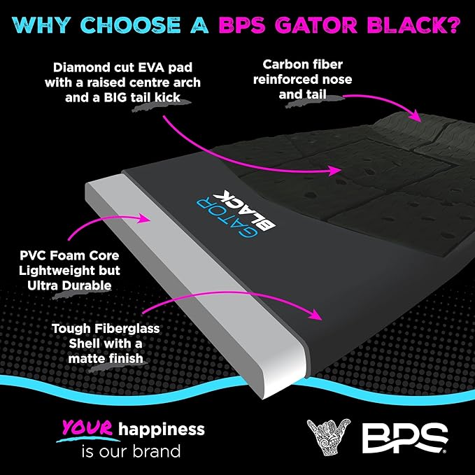 BPS New Zealand ‘Gator Black’ Fiberglass Skimboard with Padded Carry Bag Made from Recycled Plastics Performance Skimboard with Custom Traction Pads for Kids Adults Choose from 3 Sizes