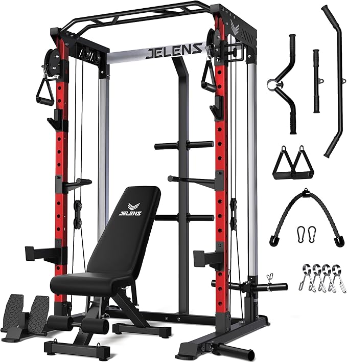 Power Cage, 2000LBS Multi-Function C21 Power Rack with Dual Pulley Cable Crossover System, All-in-One Squat Rack with More Training Attachments