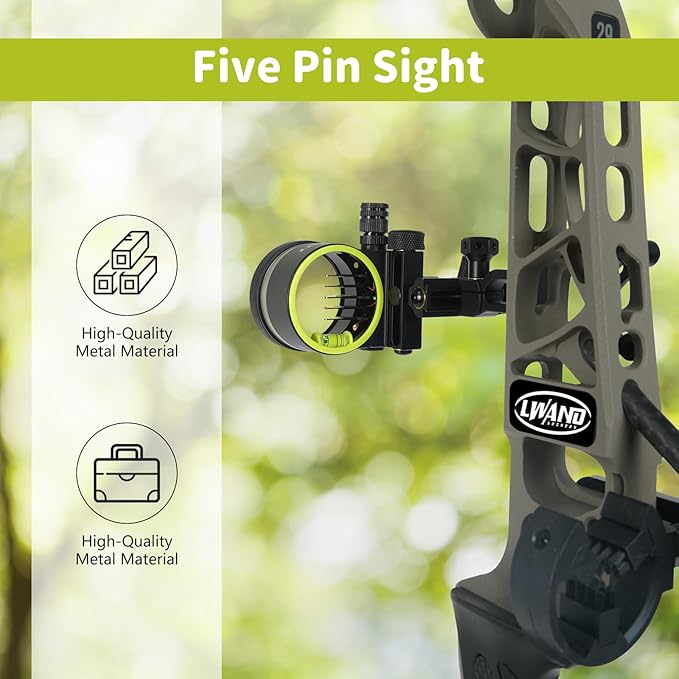 Archery 5-Pin Bow Sight - 0.019" Fiber, Brass Pin, Aluminum Machined - Right and Left Handed, with Hi-Vis Level for Archery, Hunting, Shooting