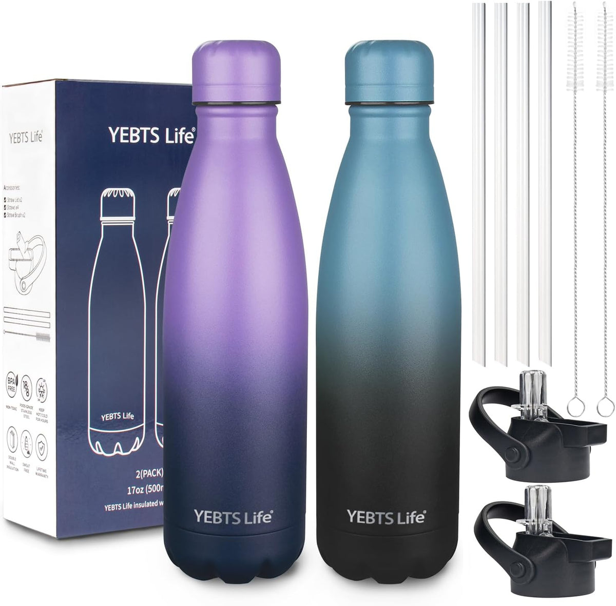 Insulated Water Bottle, 2 Pack-17oz Stainless Steel Water Bottles with straw lid, Metal Sports Water Bottles for Boys,Girls, Double Wall Vacuum BPA-Free Flask for School, Sports(Purple-SeaIndigo