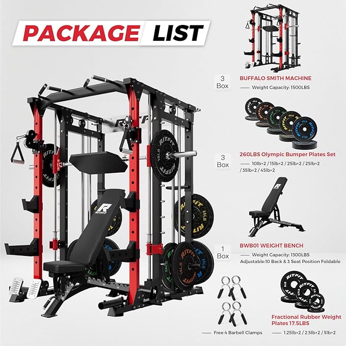 RitFit Smith Machine Power Cage with LAT Pulldown & Cable Crossover, All-in-One Power Rack Home Gym System with Leg Press Attachment & Accessories