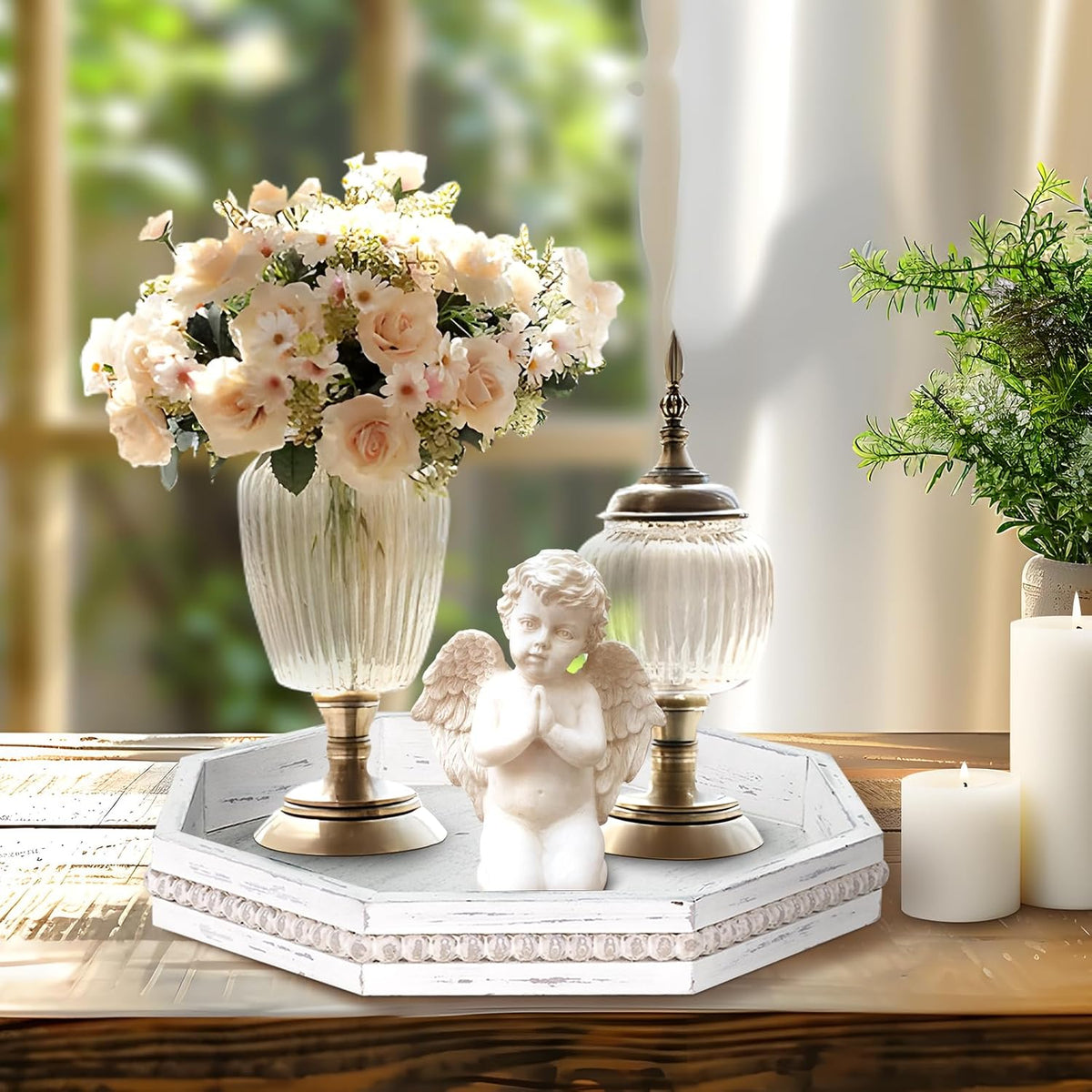 Wooden Decorative Tray, Small Serving Tray with Wood Bead, Farmhouse Big Tray for Ottoman, Countertop, Coffee Tabl, 13" x 13"x 1.6" (Retro White)