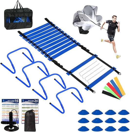 Agility Ladder, Agility Speed Training Set, 20ft 12 Rung Agility Ladder, 4 Agility Hurdles, 5 Resistance Bands, 12 Resistance Cones, Running Parachute, Jump Rope for Athletes, Adults