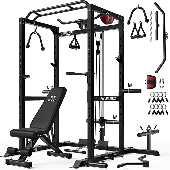 S21 Power Cage, Multi-Function Power Rack with Adjustable Cable Crossover System, 2000LBS Squat Rack for Home Gym with More Training Attachments
