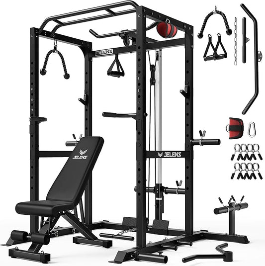 S21 Power Cage, Multi-Function Power Rack with Adjustable Cable Crossover System, 2000LBS Squat Rack for Home Gym with More Training Attachments