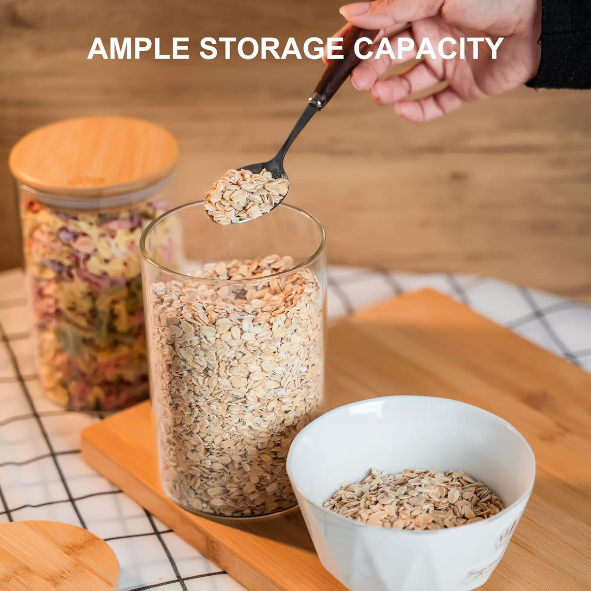 Glass Food Storage Jars Set of 8,26oz-Glass Storage Containers Clear Glass Food Canister with Bamboo Lid Airtight For Serving Tea, Coffee, Flour,Candy, Cookie, Spice(Round-8CMx15CM)