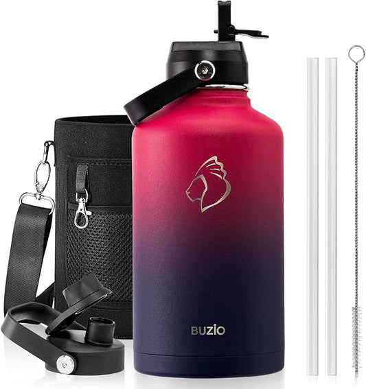 BUZIO 64oz Insulated Water Bottle Stainless Steel Double Wall Leak Proof Half Gallon with Straw Lid and Flex Cap (Cold for 48 Hrs) Sports Flask Metal Travel Mug for Hiking Cycling, Ruby Red Navy