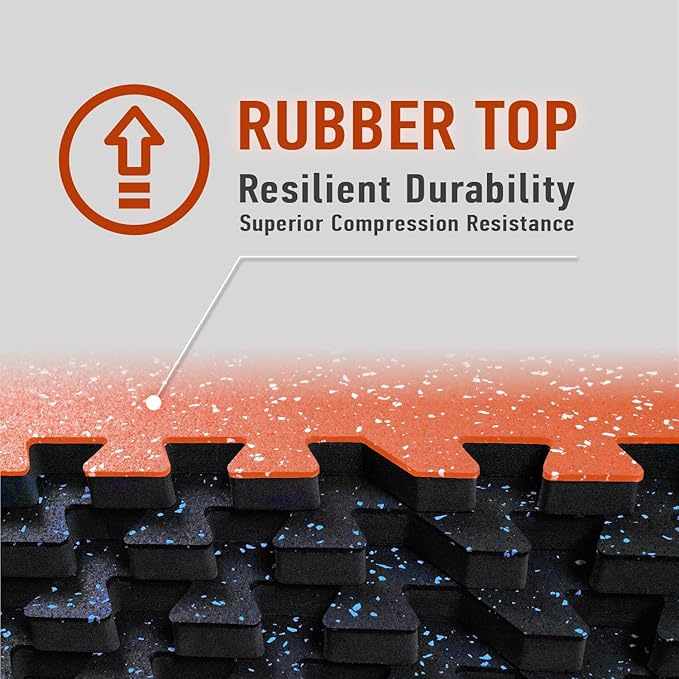 AIRHOP 0.56in Thick 24 Sq Ft Exercise Equipment Mats, 6 Tiles Upgraded Rubber Top with High Density EVA Foam, Large Interlocking Puzzle Gym Flooring for Home Gym, Heavy Weight Workout,Black & Blue