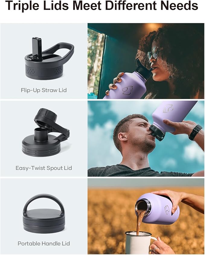 BUZIO 64 oz Water Bottle Insulated with Straw & 3 lid and Carrying Pouch, Leak Proof Half Gallon Stainless Steel Water Flask Jug, Cold for 48 Hrs Double Vacuum Thermo Canteen, BPA-Free, Purple