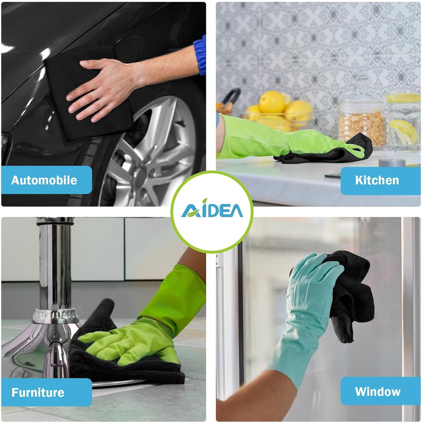 AIDEA Microfiber Cleaning Cloth Black 12PK, Microfiber Towels for Cars, Premium Car Cloths, Dusting Cloth Lint Free Cleaning Rags for SUVs, House, Kitchen, Window, Workshops,11.5×11.5"