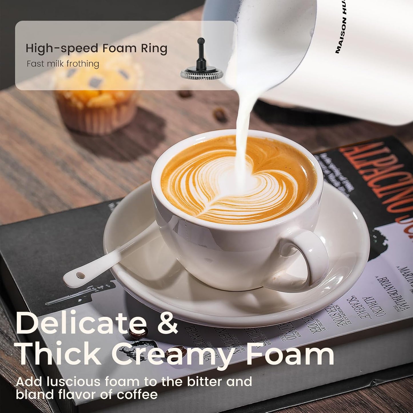 MAISON HUIS 6-IN-1 Milk Frother 550Watts, 20 oz Electric Stainless Steel, Hot and Cold Milk Frother for Latte, Macchiato, Cappuccino and Hot Chocolate, White