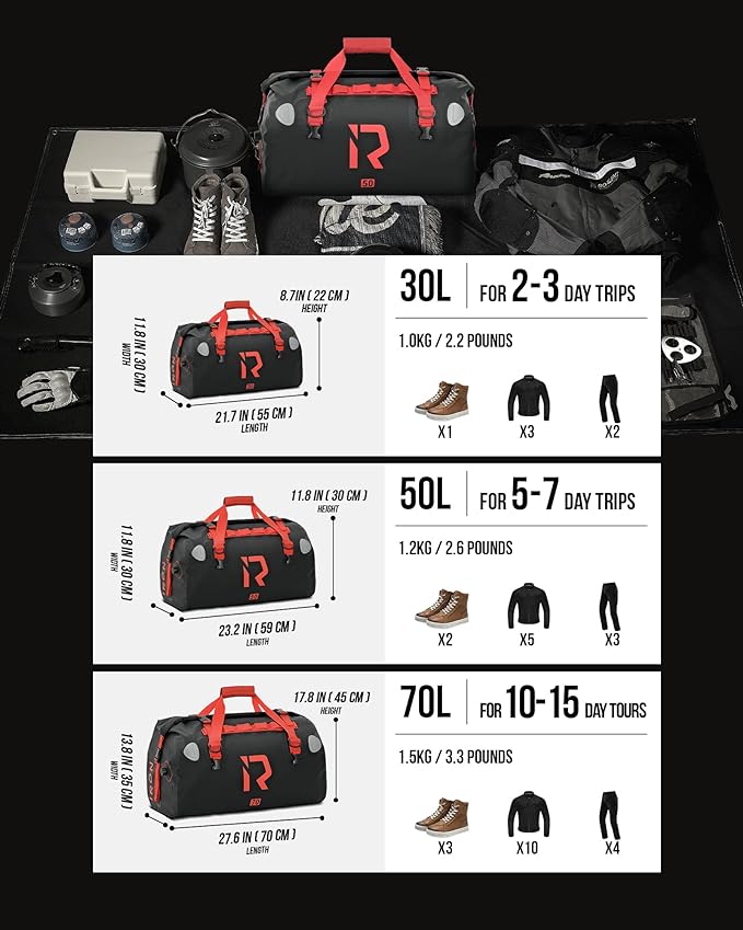 BORLENI Waterproof Motorcycle Dry Duffel Bag Luggage Tail Bag with Large Storage Space,Roll Top Closure, Shoulder Straps, Inner Pocket and Mesh Pocket for Motorcycling Travel Camping (Black,50L)