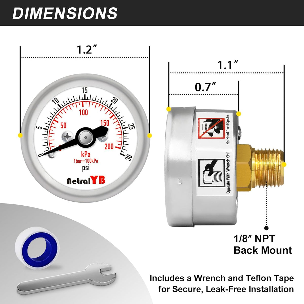 30Psi/200Kpa Mini Pressure Gauge,Stainless Steel Housing,Brass Internal,1.2 Inch Dial,NPT 1/8" Back Mount,Dry Type,Lead-Free Material, for Air,Water,Oil Pressure Test