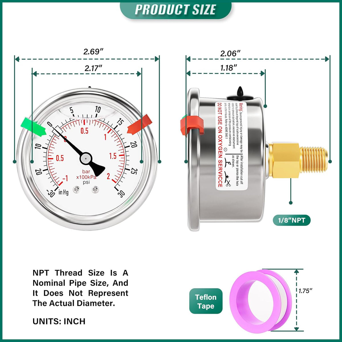 -30inHG-30PSI Stainless Steel Liquid Filled Pressure Gauge, 2.5" Dial Size, 1/8" NPT Back Mount, for Tube, Water Pump, Gas, Liquid, Pressure Test (with Range Mark Pointer)