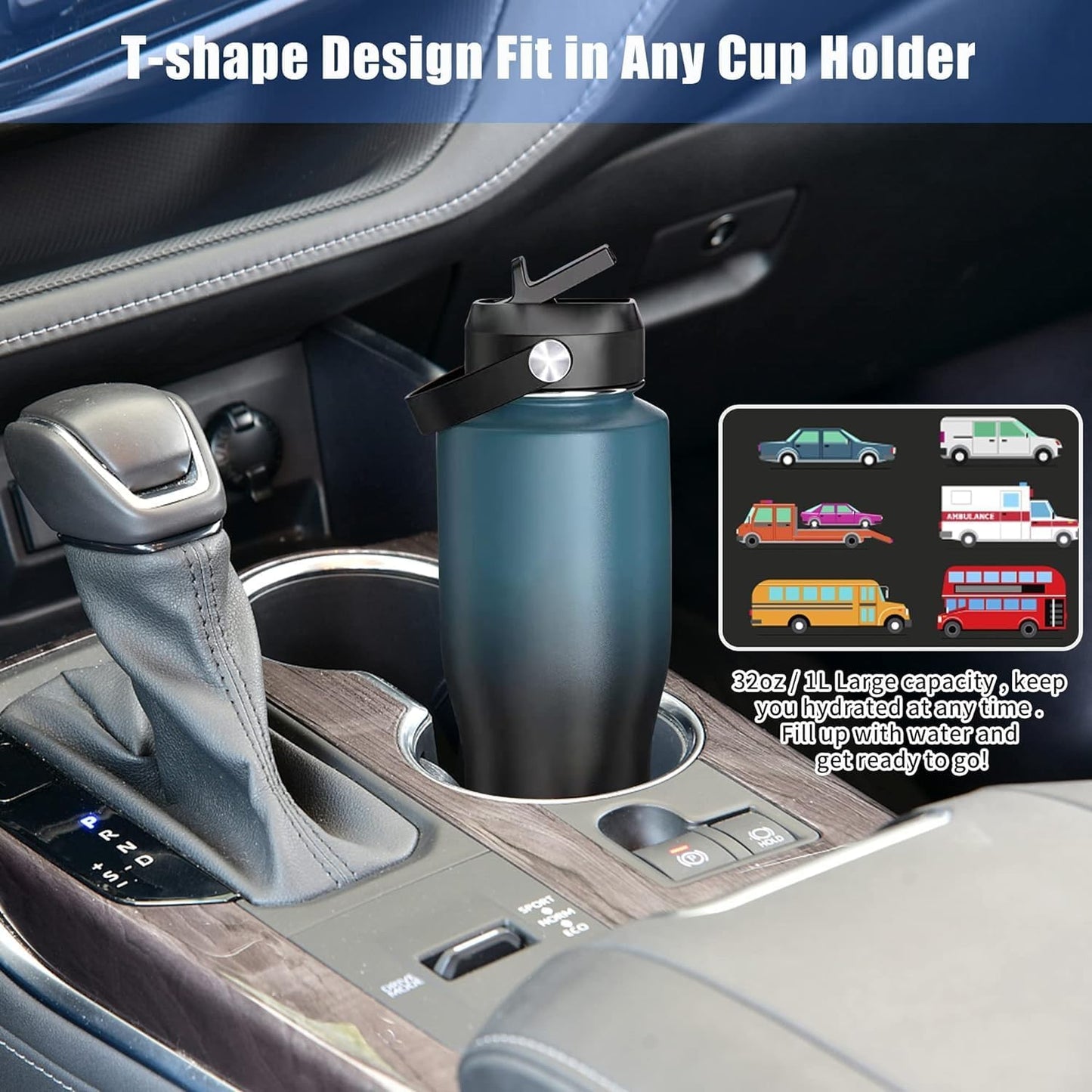 HYDROWION 40 oz Insulated Water Bottle with Straw fit in Car Cup Holder(Cold 48 hrs, Hot 24 hrs) Drinking Bottle with Straw Lid, Spout Lid and Flex Cap Leakproof Travel Thermo Mug，Laser Grey