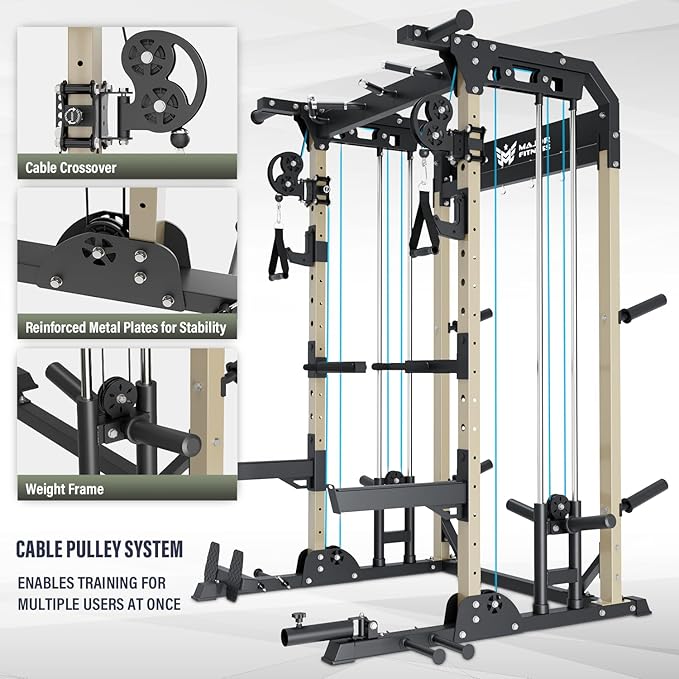MAJOR FITNESS F22 Power Rack, 1600lbs All-in-One Squat Rack with Cable Crossover, Dual Pulley System, Heavy-Duty Steel Frame, Attachments & Storage for Home Gym Strength Training