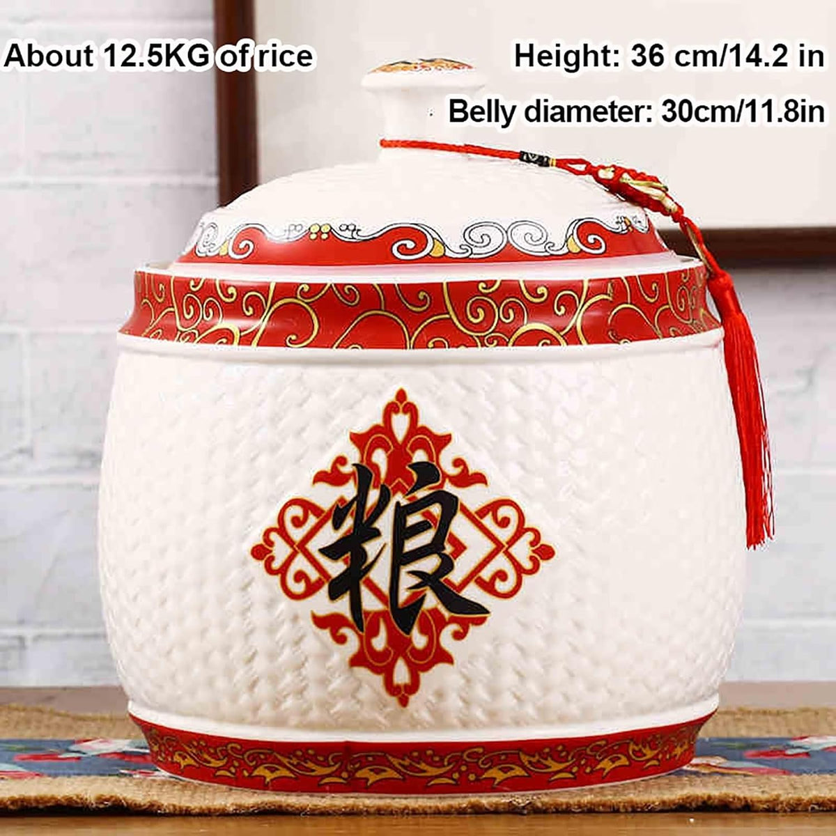 Chinese Sealed Large-Capacity Rice Pot, Ceramic Rice Bucket With Tassel Design, Grain Storage Ceramic Container, Rice Dispenser Airtight Storage Bucket For Grains Snacks Candy Coffee Beans Food(F,Capa