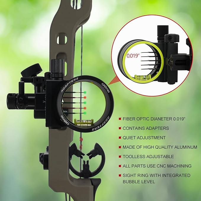 Archery 5-Pin Bow Sight - 0.019" Fiber, Brass Pin, Aluminum Machined - Right and Left Handed, with Hi-Vis Level for Archery, Hunting, Shooting