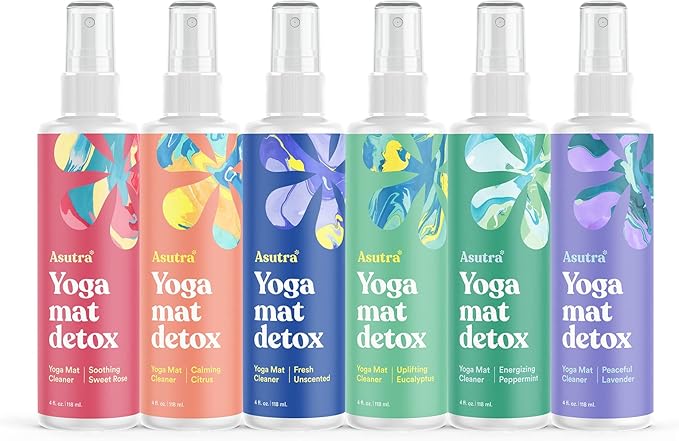 ASUTRA Yoga Mat Cleaner Spray Variety Pack (All Scents), 4 fl oz (Pack of 6) - No Slippery Residue, Organic Essential Oils, Deep-Cleansing for Fitness Gear & Gym Equipment, Microfiber Towels Included