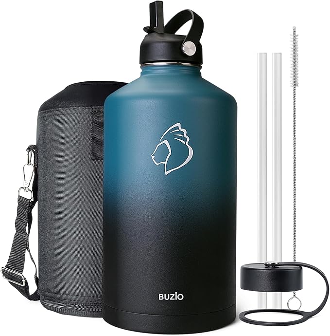 BUZIO 1 Gallon Water Bottle Insulated with Straw Lid, 128oz Large Water Jug Stainless Steel Metal Vacuum Water Flask Leak Proof 18/8 Food Grade Thermo Mug Keep Cold 48H & Hot 24H, Indigo Crush