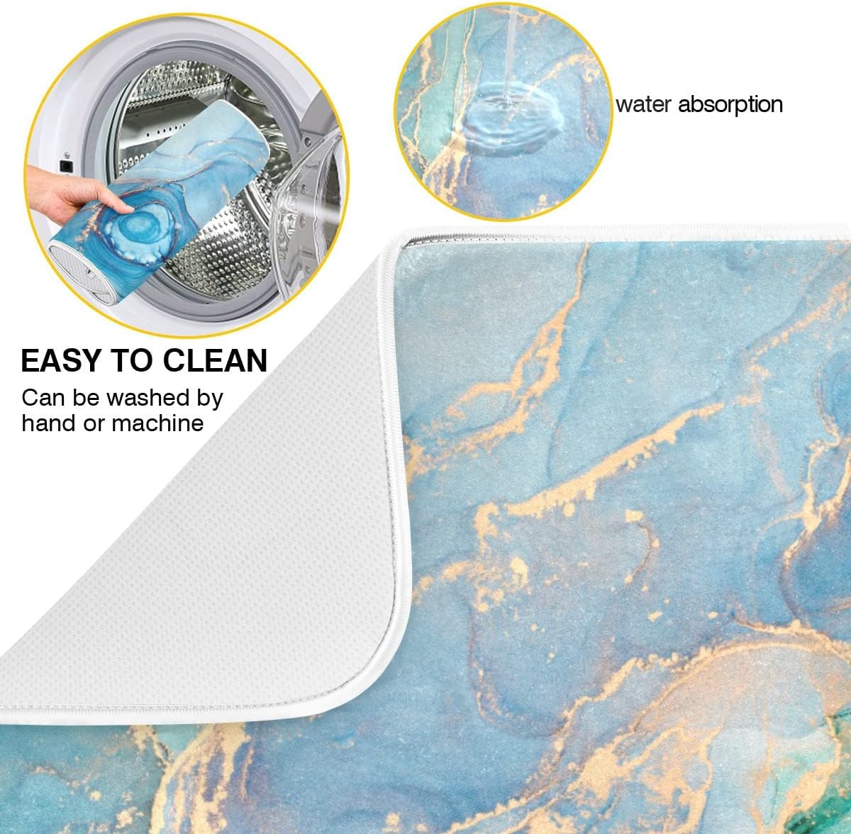 Marble Dish Drying Mat for Kitchen Counter Blue Teal Turquoise Gold Drying Mat 16 x 18 Inch with High Absorbent Reversible Microfiber Dish Drying Pad Dish Rack Pad Drainer Mat for Coffee Bar