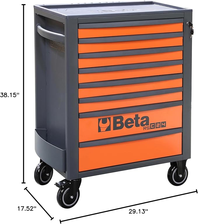 Beta RSC24 Heavy Duty Rolling Tool Cabinet, 8 Drawers, Orange, Ball Bearing Slides, Rubber Mat Liners, 5" Casters, Anti-Fall Edge Worktop, 1760 lbs Load Capacity, Made in Italy