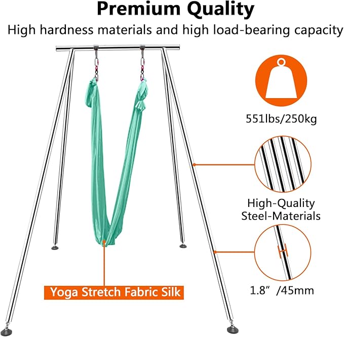 TECSPEC 9.6 FT/115.3 Inch Adjustable Height Aerial Yoga Frame & Hammock, Professional Swing Stand with 18 FT/33FT Aerial Silk, 550lbs Max Capacity