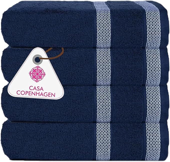 CASA COPENHAGEN Solitaire Towels, 4 Pieces Bath Towel Set- Navy, 600 GSM Designed in Denmark Made of Soft Egyptian Cotton for Bathroom, Kitchen & Shower