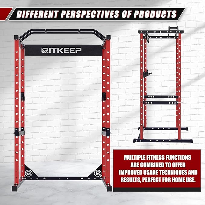 RitKeep Power Rack RMAX 2250 Multi-Function Power Cage for Strength Training - 1200lb Capacity Squat Rack with Multi-Grip Pull-Up Bar, Safety Bars, and J-Hook for Home Gym