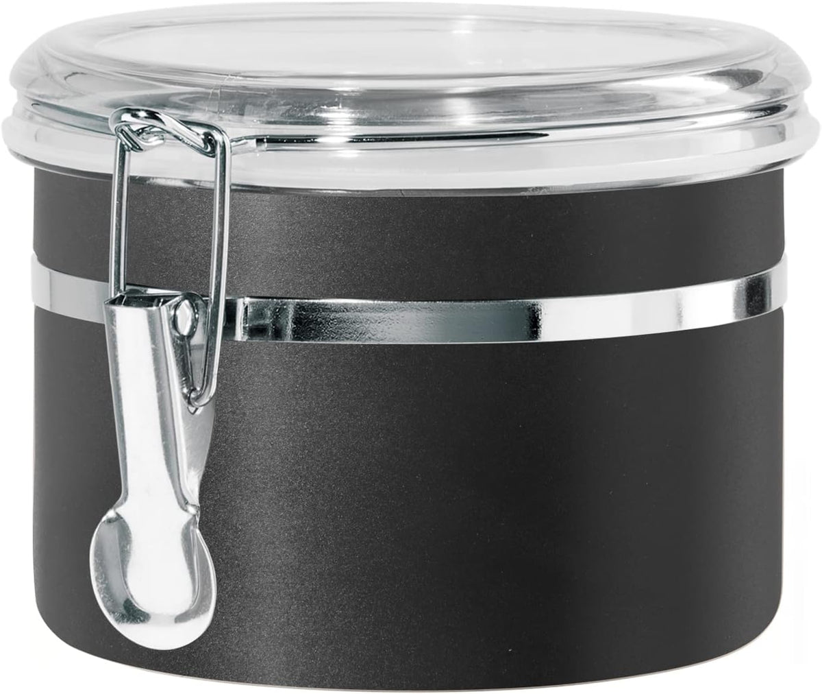 Oggi Stainless Steel Kitchen Canister 26 fl oz, Black - Airtight Clamp Lid, Clear See-Thru Top - Ideal for Kitchen Storage, Food Storage, Pantry Storage. Size 5" x 3.5".