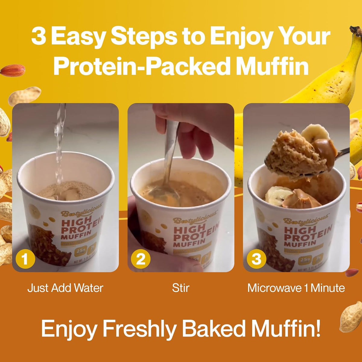 Bootylicious | High-Protein Muffin | 25g Protein, 7g Net Carbs, 2.32-2.75oz Cup, 12-Pack (Banana Peanut Butter)