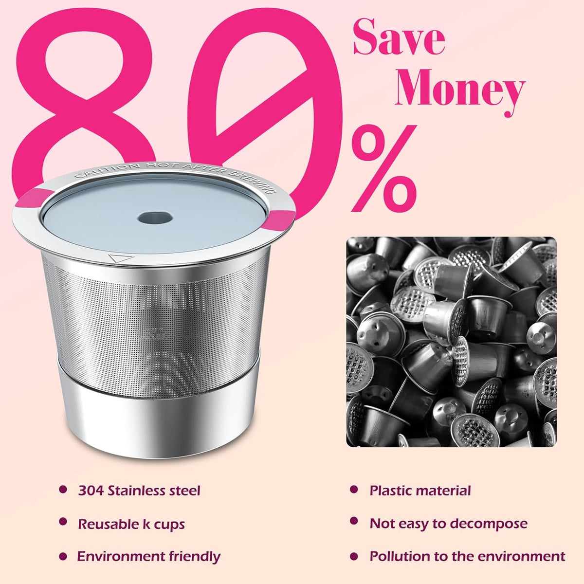 Reusable K Cups,Kcup Refillable Coffee Pod,Refillable K cups for k-eurig 1.0 & 2.0 Coffee Makers, 304 stainless steel, Eco-Friendly, BPA-Free,(6 Pack)
