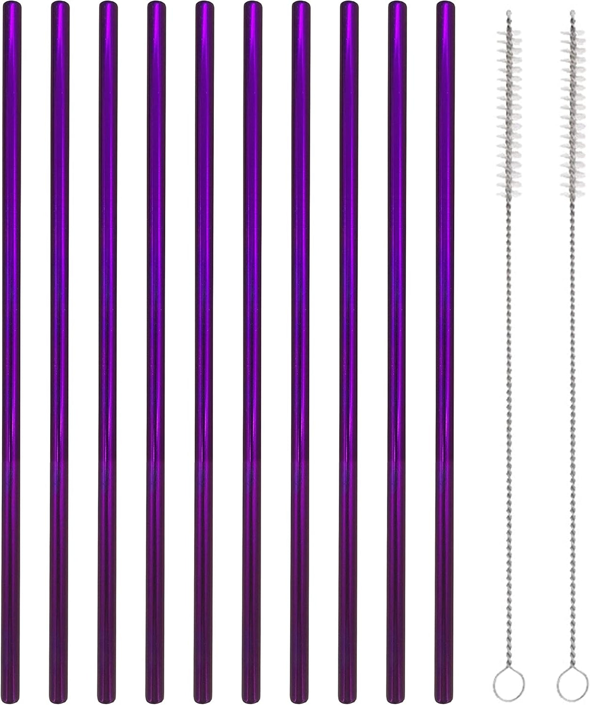 10 Pcs Stainless Steel Straws, Reusable Drinking Straws, Straight Metal Straw Sets with 2 Pcs Cleaning Brushes (10.5 Inch, Purple)